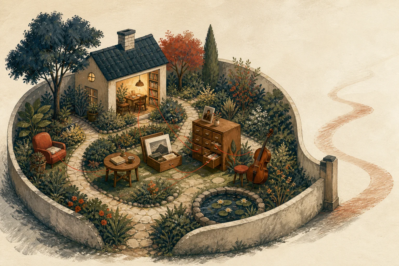 Gouache illustration of a walled garden containing a warm house, archives, photographs and a musical instrument, connected by red threads.
