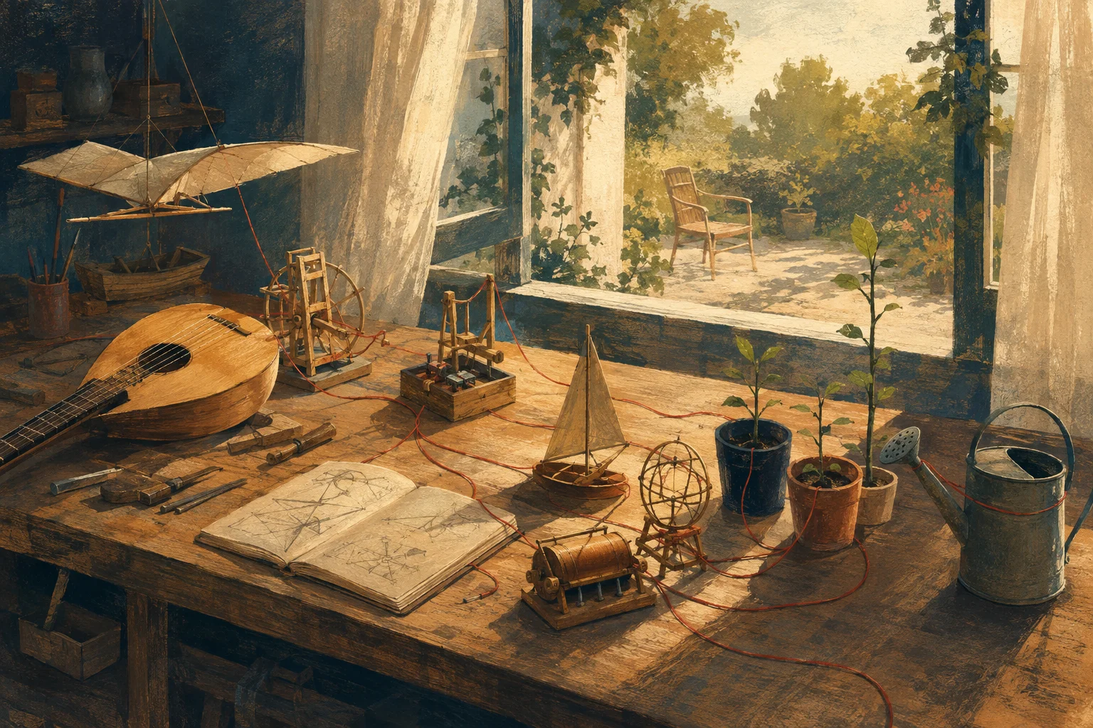 Gouache illustration of a workbench with small inventions, a musical instrument and saplings, beside an open window overlooking an empty garden chair.