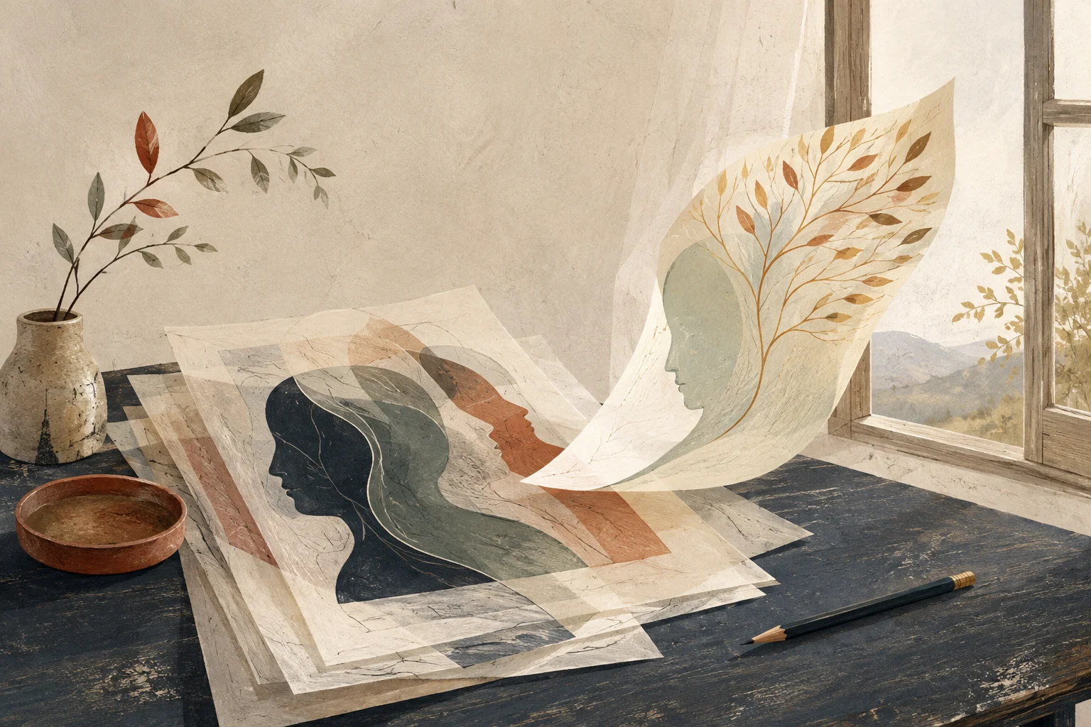 Gouache illustration of overlapping abstract profile portraits on translucent paper, with one sheet lifting into a branching leaf shape near a window.