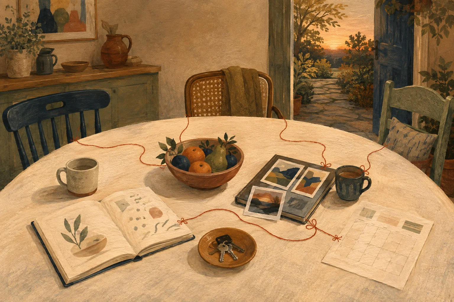 Gouache illustration of a kitchen table with a recipe book, photographs, keys and two cups, connected by red threads that reach three chairs.